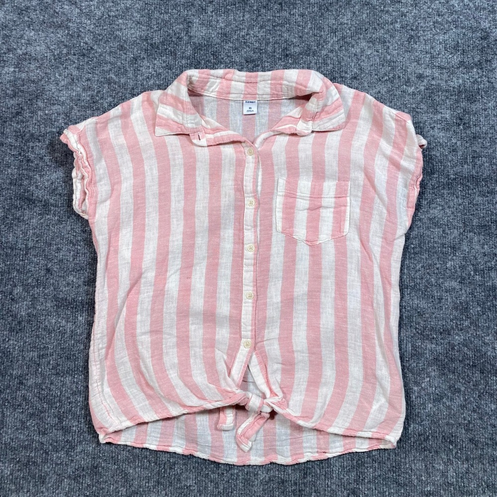 Old Navy Womens XS Pink White Striped‎ Linen Blend Tie Front Button Up Shirt
